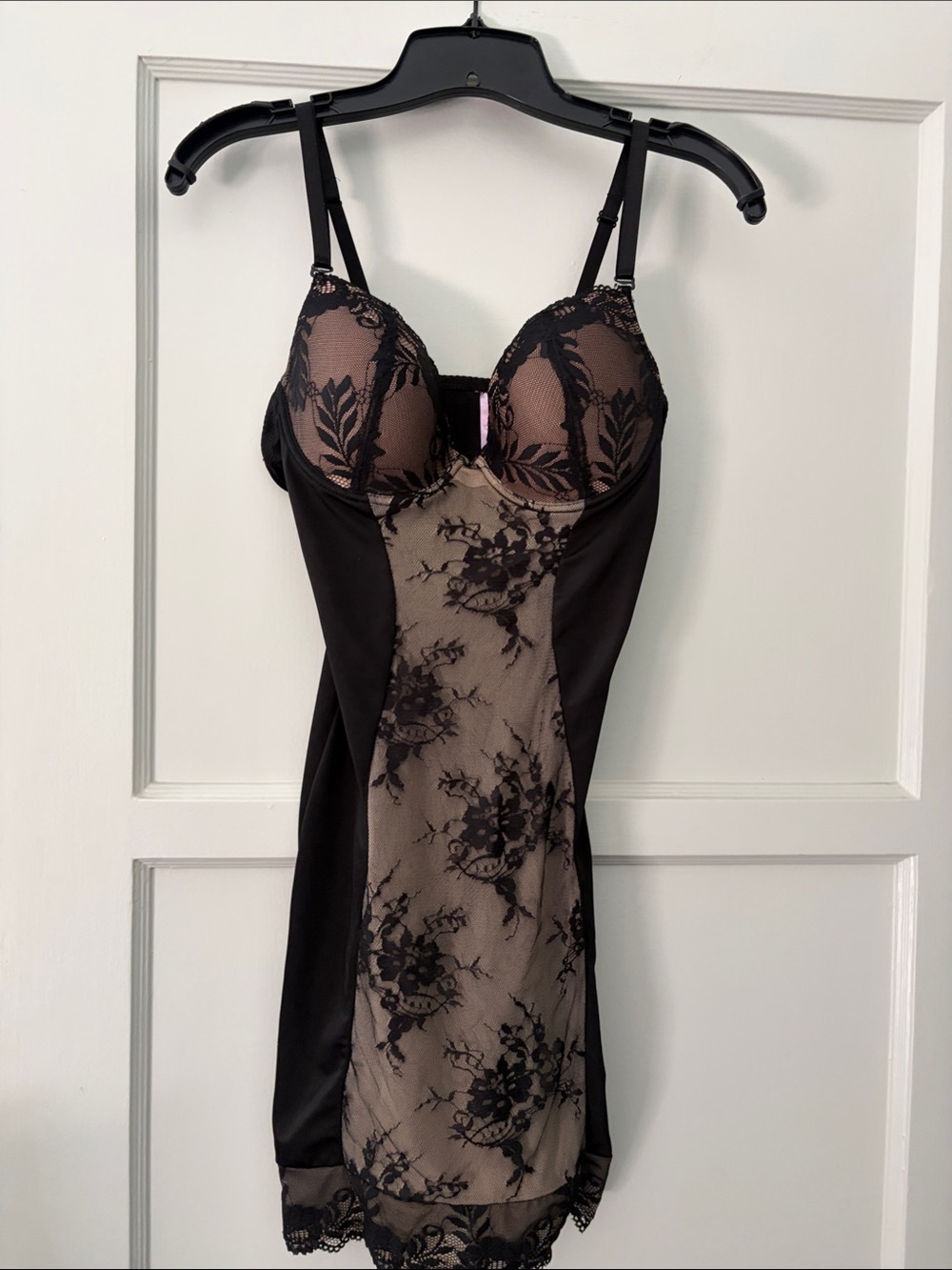 Black Lace-Overlay Slip with Nude Lining